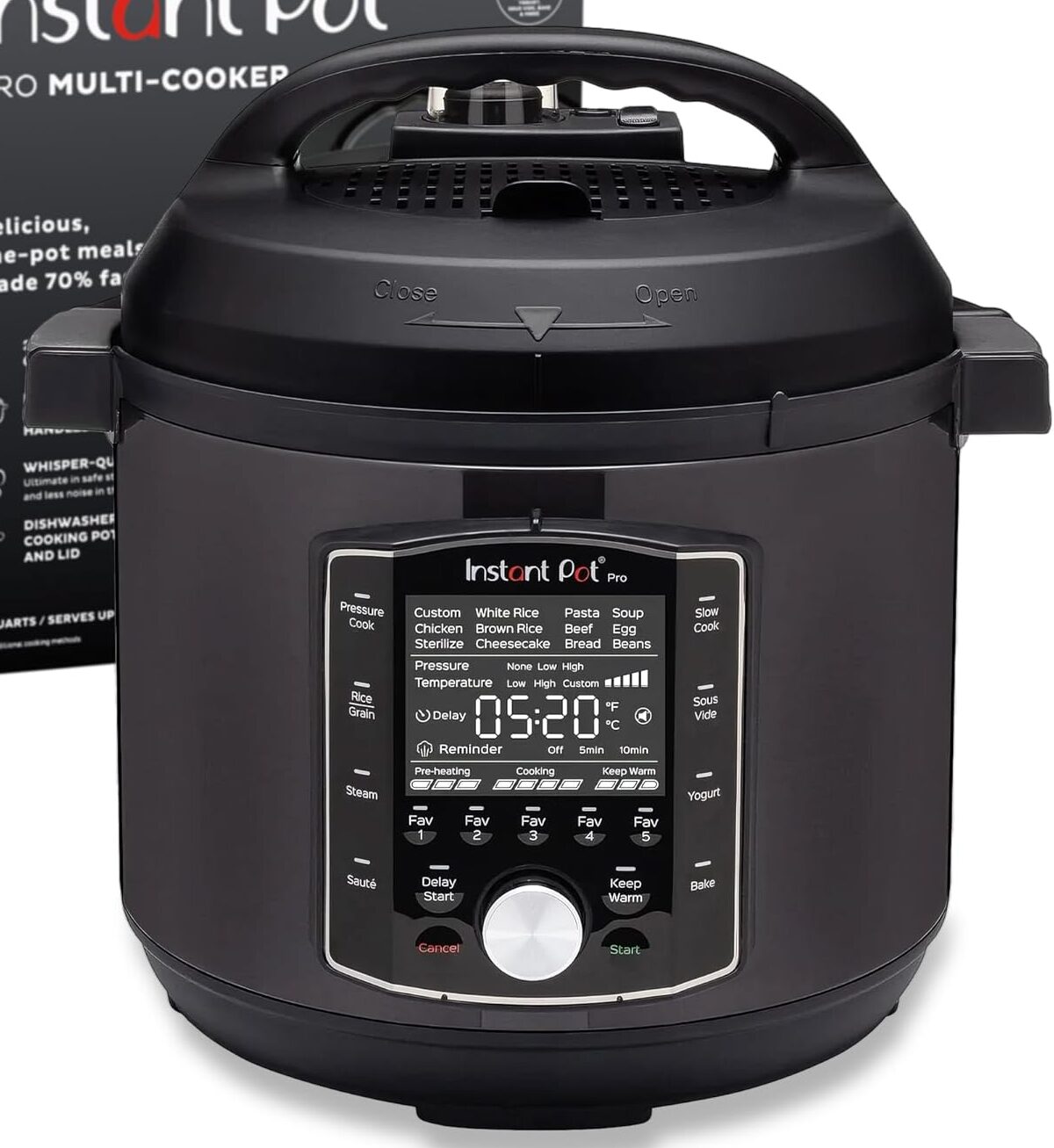 Black Instant Pot in front of its box.