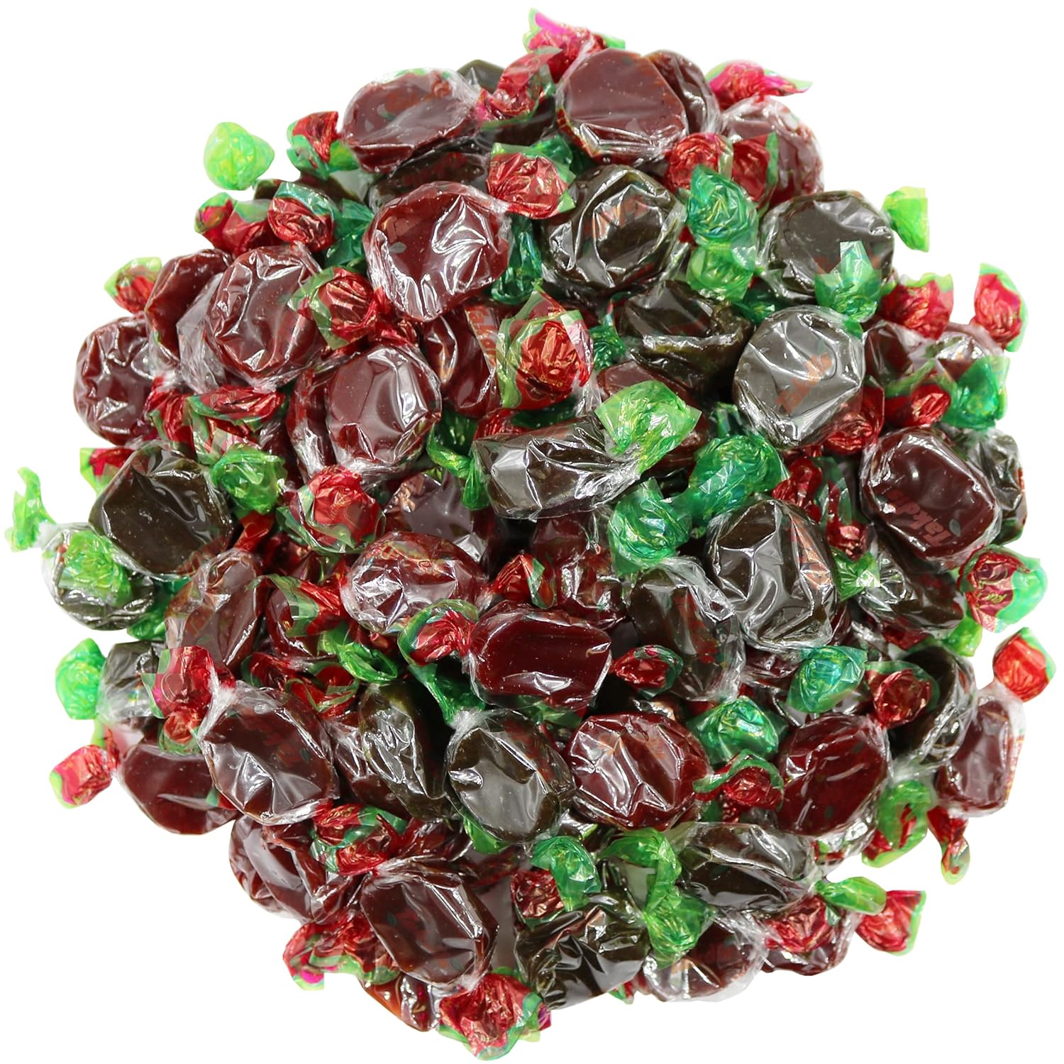 Individually wrapped red candies in clear and green celophane.